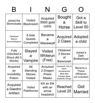 Skyrim Bingo Card