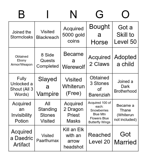 Skyrim Bingo Card