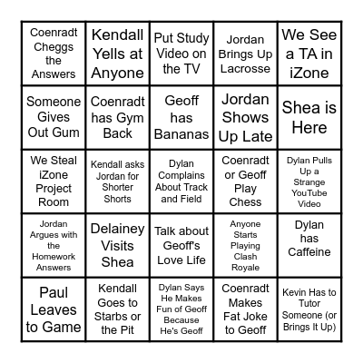 Shaft Work Bingo Card