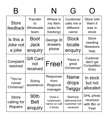 Customer Service Christmas Bingo Card