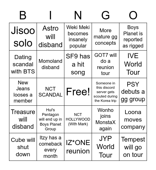 Wombat's 2023 Kpop Predictiona Bingo Card