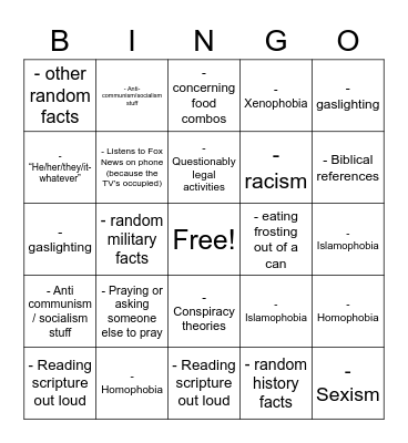 Home with family for the holidays Bingo Card