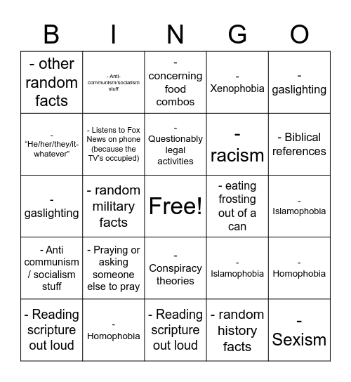 Home with family for the holidays Bingo Card