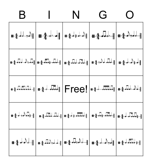 Rhythm Bingo: 8/16th Note Combos, Single 8ths, and Dotted Notes Bingo Card