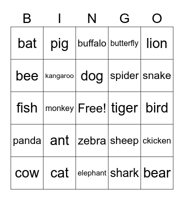 Animals Bingo Card