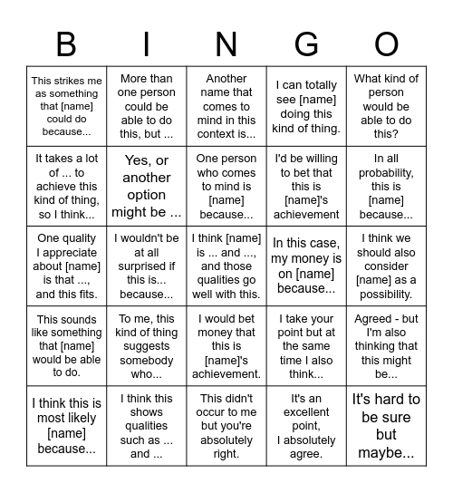 Talking about people's good qualities Bingo Card