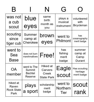 Scout Icebreaker Bingo Card