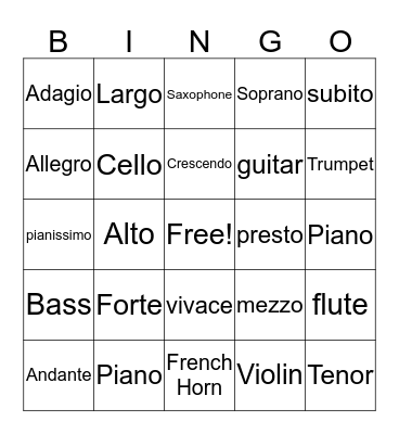 Musical Terms Bingo Card