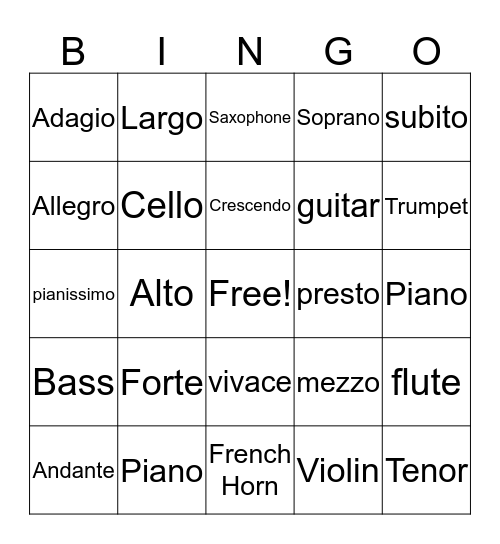 Musical Terms Bingo Card