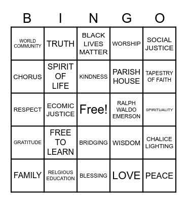 UNITARIAN UNIVERSALIST Bingo Card