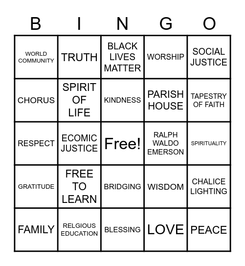 UNITARIAN UNIVERSALIST Bingo Card