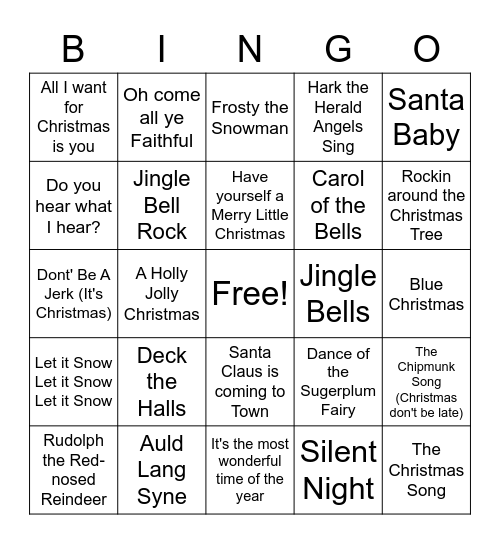 Holiday Songs Bingo Card