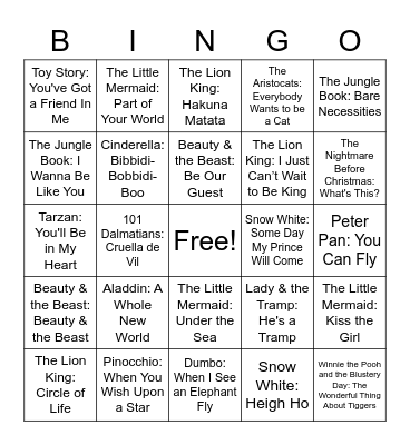 Disney Songs Bingo Card