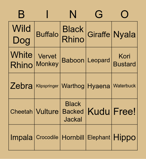 Kruger Park Bingo Card