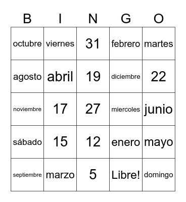 Meses, días, números Bingo Card