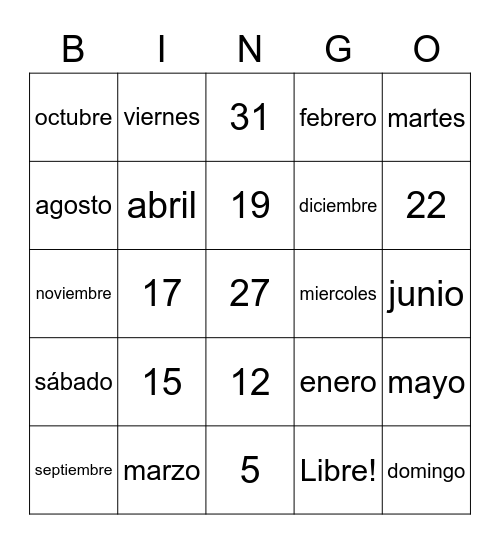 Meses, días, números Bingo Card