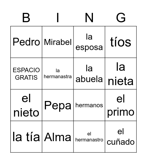 La familia Bingo Card