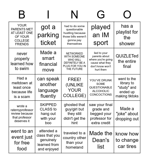 BINGO: COLLEGE EDITION Bingo Card