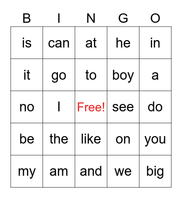 K Sight Words Bingo Card