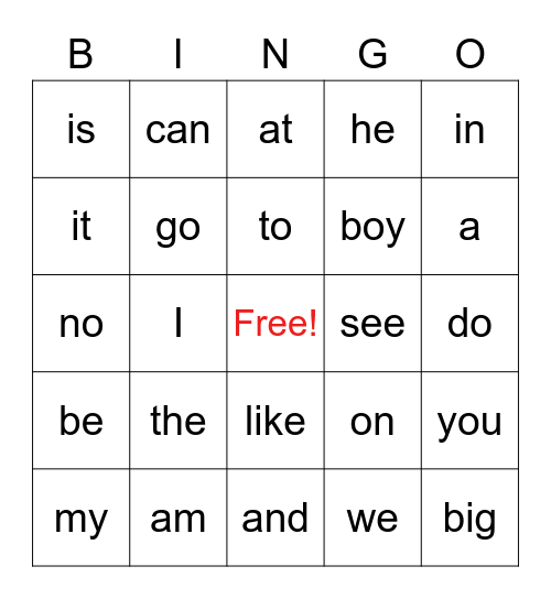 K Sight Words Bingo Card