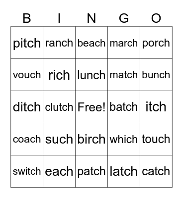 -tch words Bingo Card