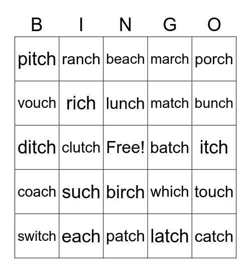 -tch words Bingo Card