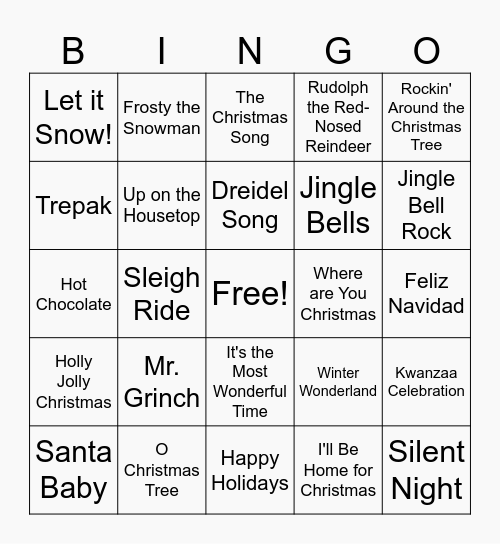 Holiday Song Bingo- Same Column Bingo Card