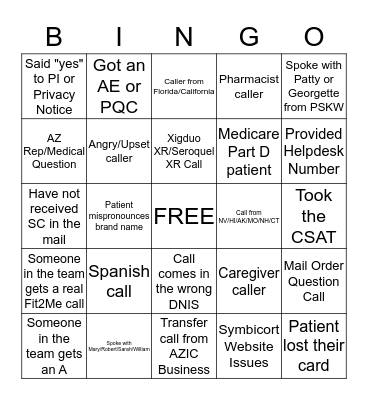 I got a call Bingo Card