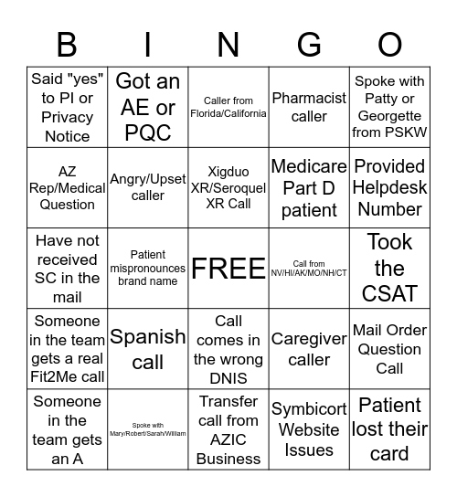 I got a call Bingo Card