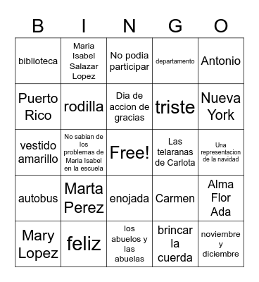 Bingo de Me llamo Maria Isabel Bingo Card