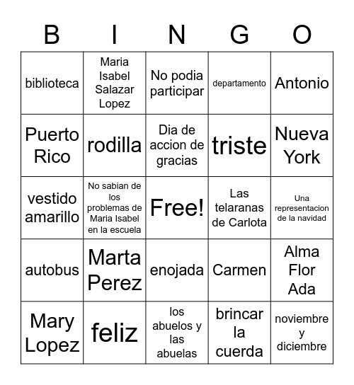 Bingo de Me llamo Maria Isabel Bingo Card