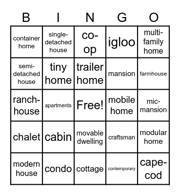 Houses Bingo Card