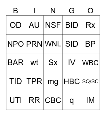 Veterinary Abbreviations Bingo Card
