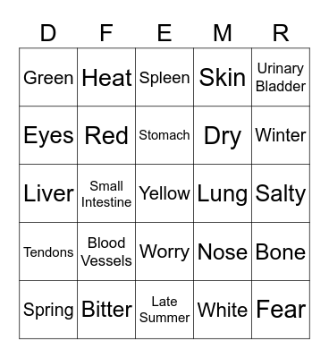 TCM Bingo - Five Element Chart 3 Bingo Card