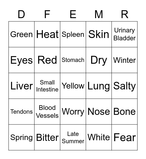 TCM Bingo - Five Element Chart 3 Bingo Card