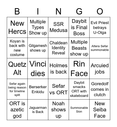 Lostbelt 7 Bingo Card