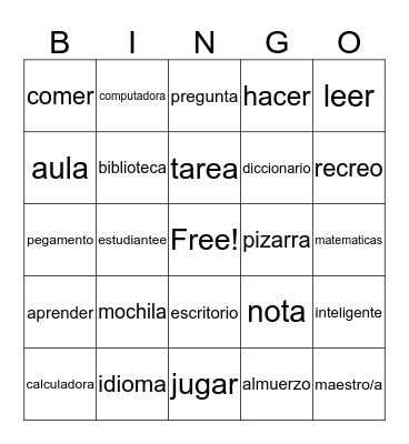 School Bingo Card