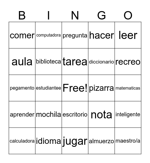 School Bingo Card