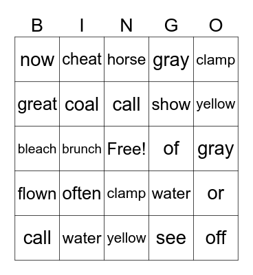 Sight Words Bingo Card