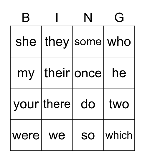 tricky words Bingo Card