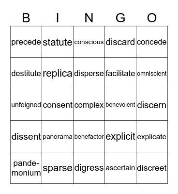 Vocabulary Bingo Card