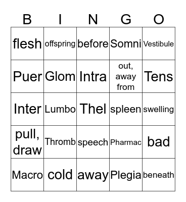 Medical Terminology chapter 11 Bingo Card