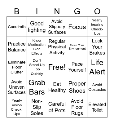 Fall Prevention Bingo Card