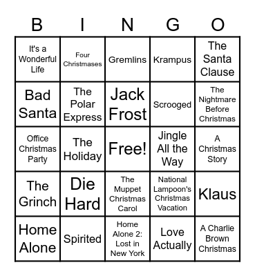 Holiday Movie Bingo Card