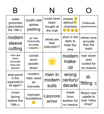Historical Costume Sins 2022 Bingo Card