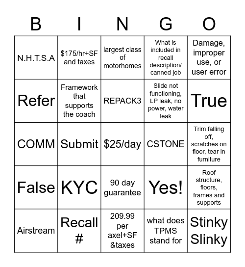 General RV Bingo Card