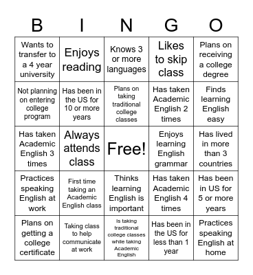 Academic English BINGO Card