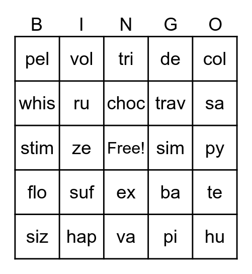 Syllables - Open and Closed Bingo Card