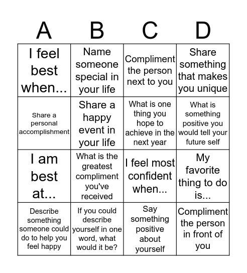 Positive Thinking Bingo Card