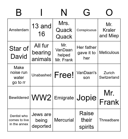 Diary of Anne Frank Act I and II Bingo Card